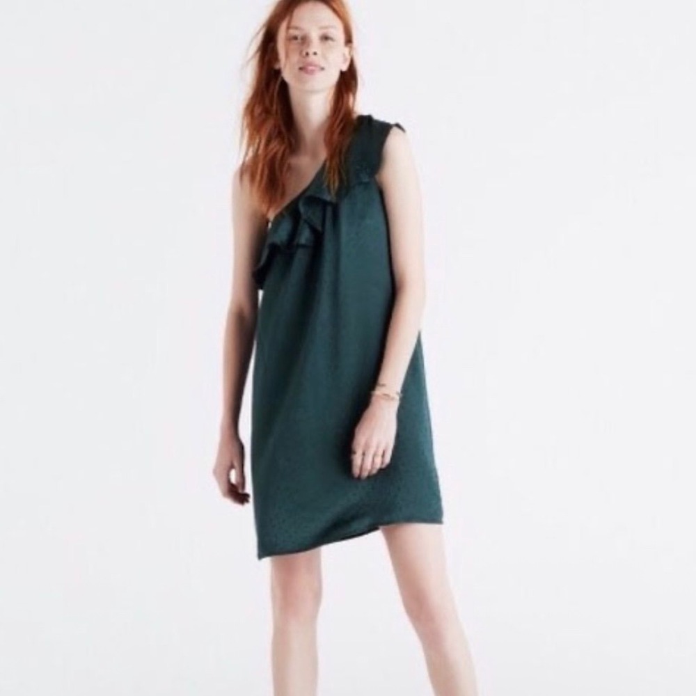 Madewell One Shoulder 100% Silk Dancefloor Dress Green Women's 8 F9050 Polka Dot